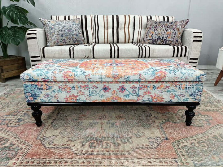 Bohemian Pattern Upholstered Bench, High Quality Wooden And Upholstered Bench, Bench with Printed Fabric, Natural Footstool Bench