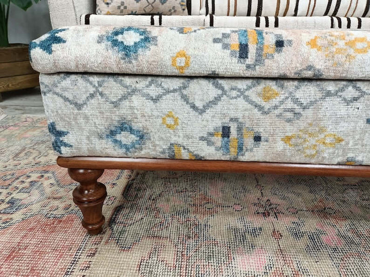 Oriental Printed Fabric Upholstered Ottoman Bench, Anatolian Decor Farmhouse Bench, Pratical Pet Friendly Bench, Eco Friendly Bench