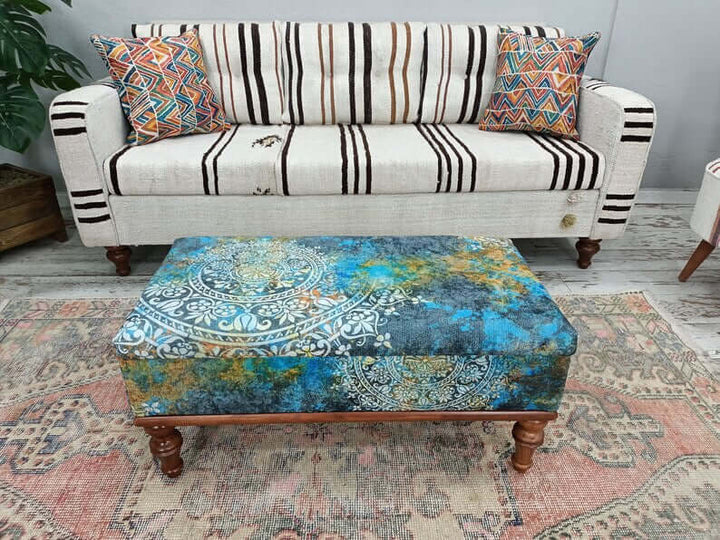 Hallway Chic Decorative Bench, Pet Friendly Upholstered Bench, Modern Bench with Wooden Base, Upholstered Bench, Kilim Pattern Dining Room Ottoman Bench