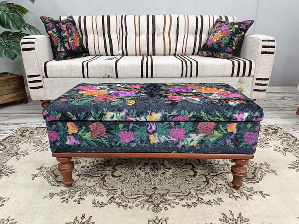 Floral Bohemian Lounge Ottoman Bench, Rectangular Ottoman Bench, Modern Living Room Bench, Bedroom Bench and Bench for Hallways