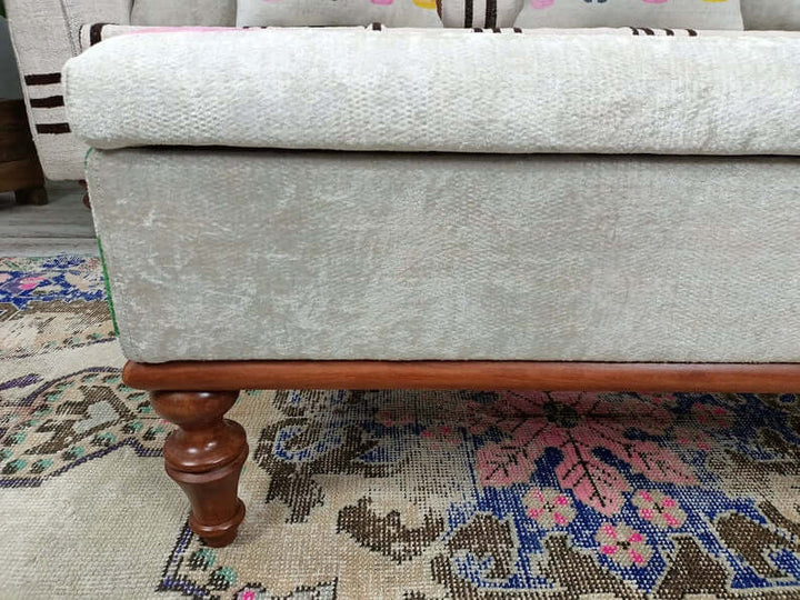 Upholstered Bench, Anatolian Upholstered Wooden Footstool Bench, Nomadic Pattern Footstool Bench, Rustic Bench, Traditional Comfort Bench