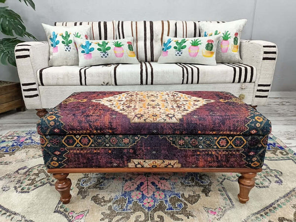 End of Bed Storage Ottoman Bench, Velvet Fabric Upholstered Bench, Medallion Design Bench, Brown Color Fabric Bench, Balcony Relax Sitting Footstool Bench