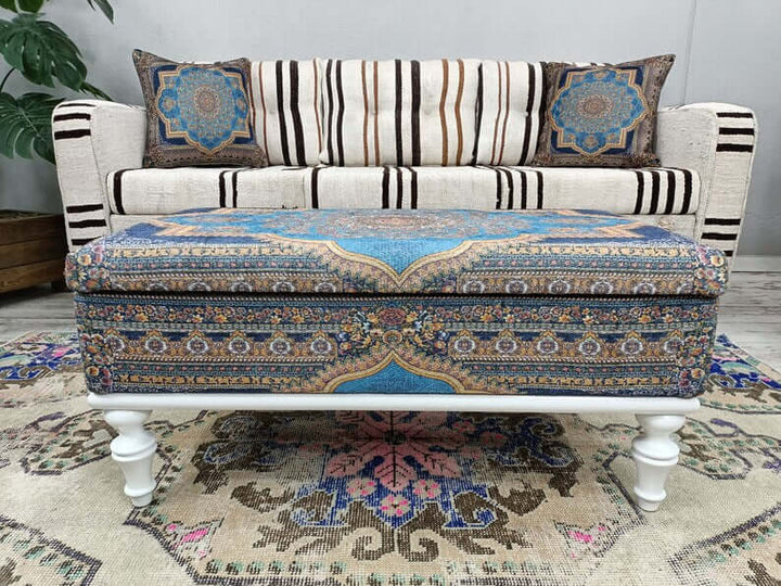 Stylish Bohemian Pattern Upholstered Bench, High Quality Wooden And Upholstered Bench, Bench with Printed Fabric, Elegant Reading Bench