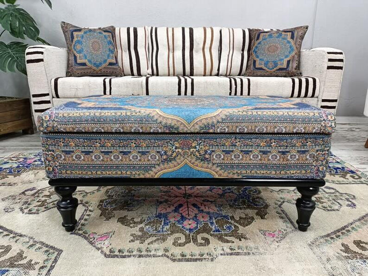 Woodworker Large Size Printed Bench, Close-up of Bohemian Pattern Bench Seat, Library Bench, Living room Bench, Reading Bench
