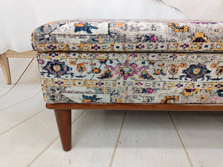 Easy To Clean Upholstered Bench, Anatolian Upholstered Wooden Footstool Bench, Nomadic Pattern Footstool Bench, Rustic Bench, Traditional Comfort Bench