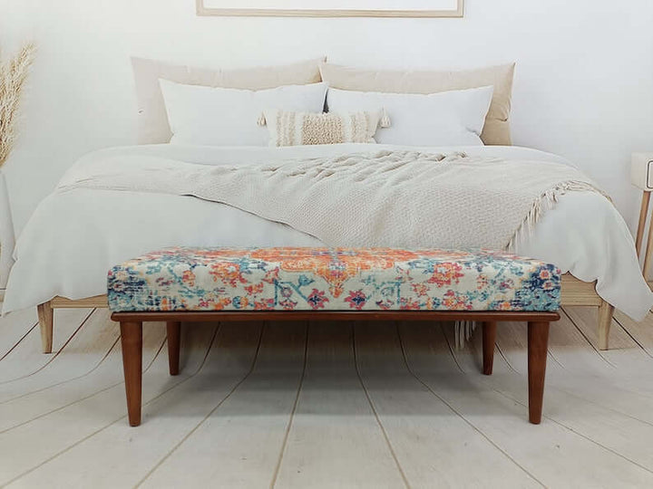 Stylish Bohemian Pattern Upholstered Bench, High Quality Wooden And Upholstered Bench, Upholstered Ottoman Bench, Practical Upholstered Footstool Bench