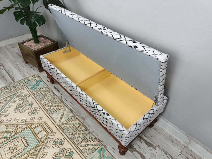 Silver Color Fabric Upholstered Bench, Pratical Storage Step Stool Bench, Dining Bench with Padded Seat for Kitchen, Aztec Entryway Handmade Bench