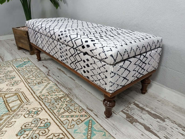 Nomadic Pattern Footstool Bench, Rustic Bench, Traditional Comfort Bench, Oriental Wooden Leg Bench, Eraseble Footstool Bench, Walnut Wooden Footstool Bench