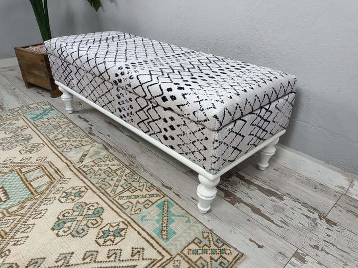 Dining Room Ottoman Bench, Coffee Bench Piano Bench, Wood Work Handmade Bench, Vintage Pattern Upholstered Bench