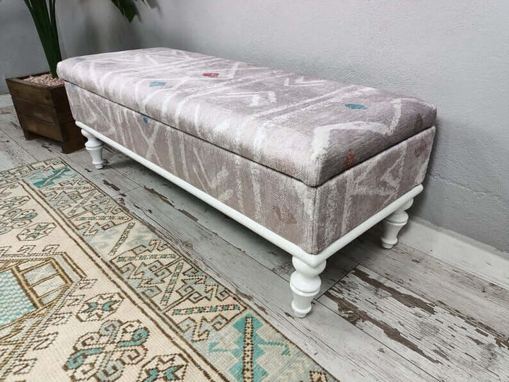 Silver Fabric Upholstered Bench, Library Reading Bench, Classic Durable Foolstool Bench, Turkish Anatolian Bench, Storage Dresser Step Stool Bench