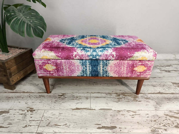 Pink Bedroom Organizer Ottoman Bench, Bedroom Ottoman Wooden Bench, Upholstered with Turkish Patchwork Bench, Stylish Ottoman Small Footstool Shoe Changing Bench