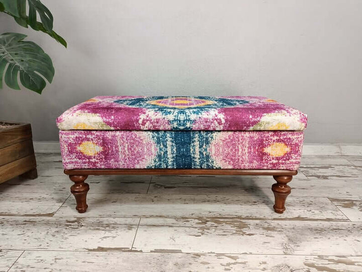 Upholstered Bench, Anatolian Upholstered Wooden Footstool Bench, Nomadic Pattern Footstool Bench, Rustic Bench, Traditional Comfort Bench