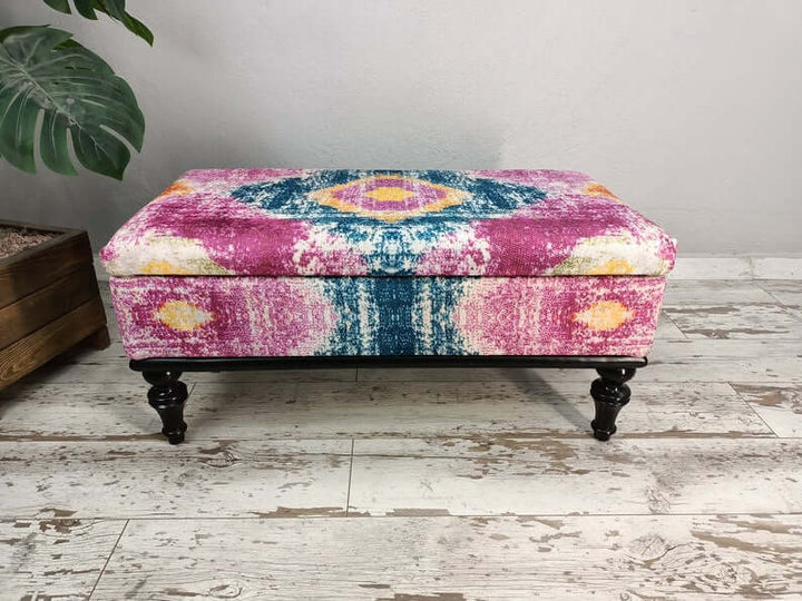 Kilim Pattern Dining Room Ottoman Bench, Durable Wood Leg Bench, Easy To Clean Bench, Ottoman Upholstered with Printed Rug Handmade Bench