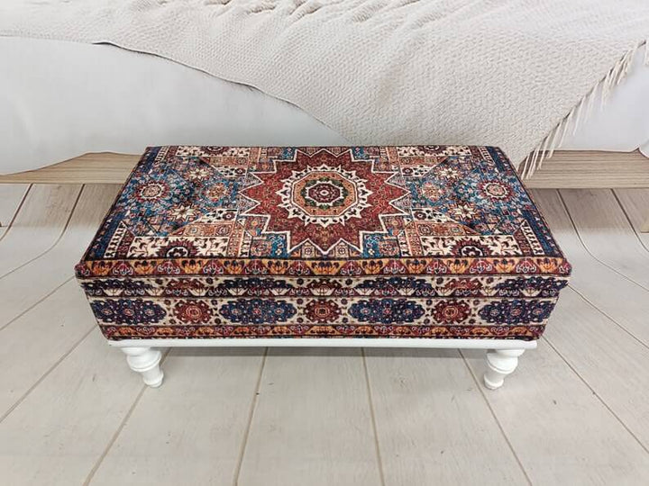 Red Oriental Turkish Rug Upholstered Ottoman Bench, Quality Rocking Bench, Bedroom Decor Bench, Wooden Leg Bench Upholstered Bench