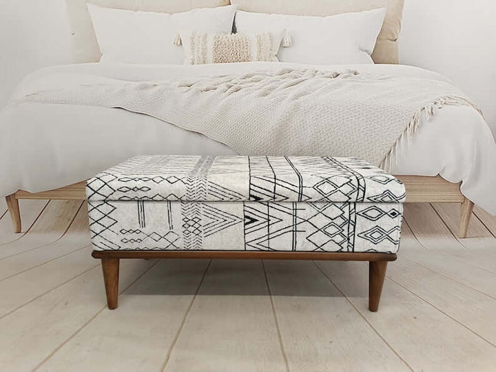 Bedroom Hidden Compartment Ottoman Bench, Close-up of Bohemian Pattern Armchair Seat, Rectangular Ottoman Bench, Modern Living Room Bench
