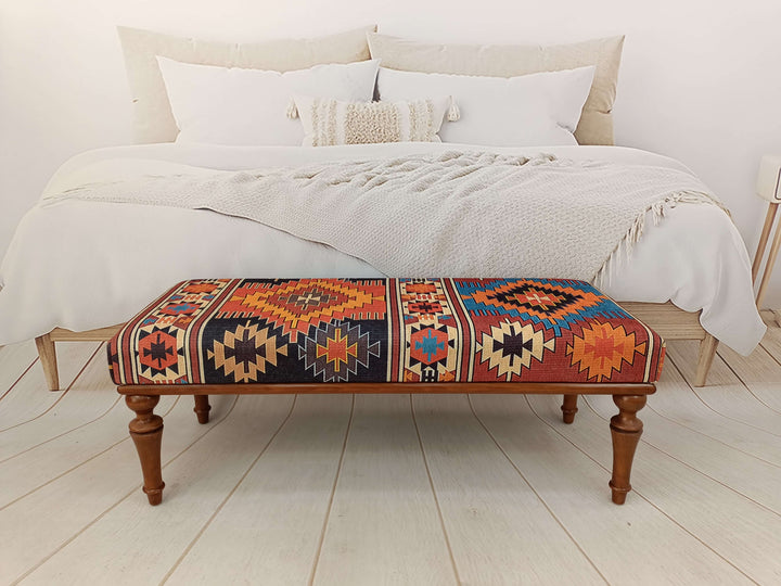 Stylish Bohemian Pattern Upholstered Bench, High Quality Wooden And Upholstered Bench, Bench with Printed Fabric, Natural Ottoman Bench With Classic Legs
