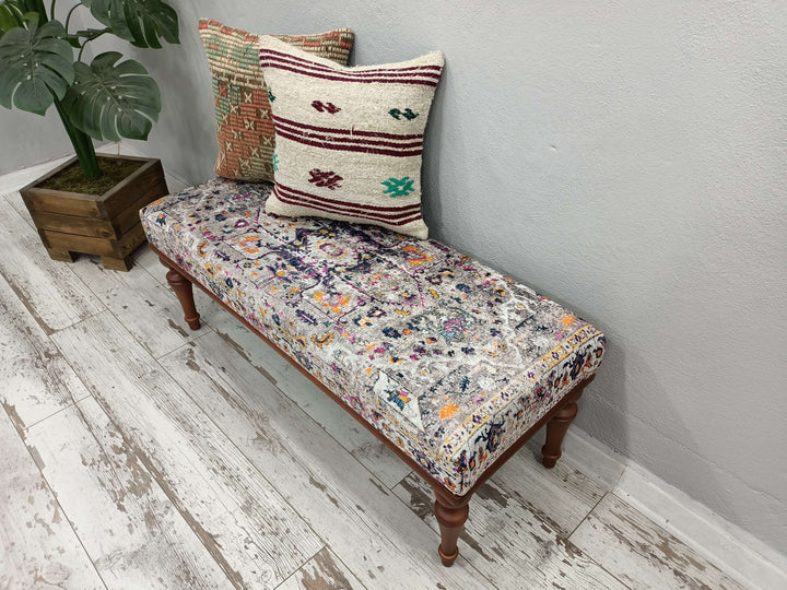 Small Relaxing Bench for Kids Room, Reading Lounge Bench, Stylish Bohemian Pattern Upholstered Bench, Movie To Watch Comfort Bench