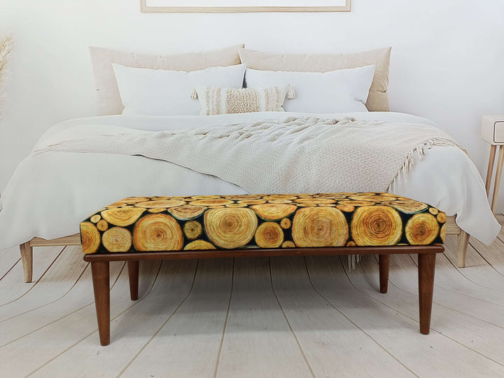 Orange Fabric Upholstered Footstool Bench, Easy To Clean Upholstered Bench, Anatolian Upholstered Wooden Footstool Bench, Nomadic Pattern Footstool Bench