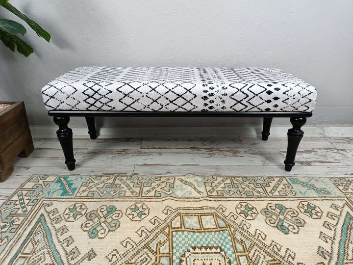 Decorative Bench, Wooden Durable Footstool Bench, Rectangle Storage Ottoman Sofa Foot Rest Shoe Bench, Upholstered with Turkish Patchwork Bench