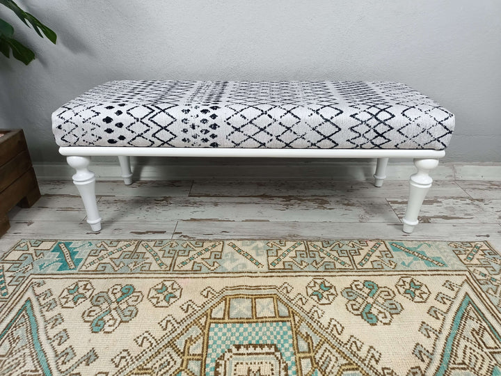 Silver Fabric Upholstered Bench, Conical White Leg Bench, Library Decorative Bench, Wooden Durable Footstool Bench, Small Ottoman Footstool with Legs