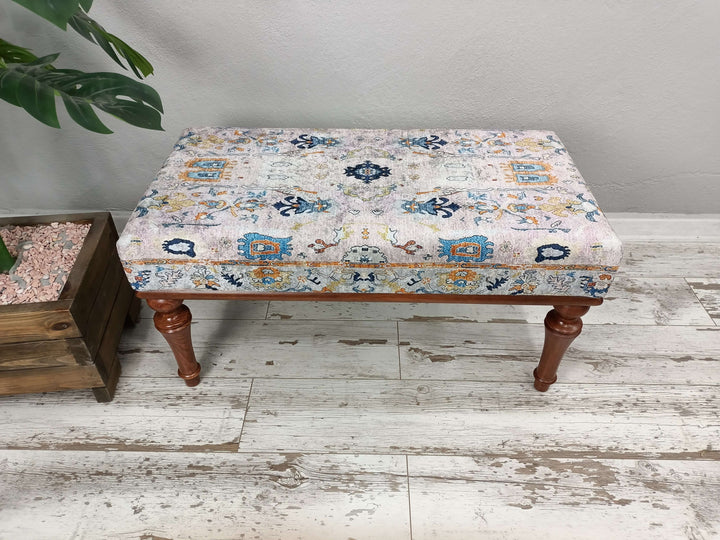 Farmhouse Wooden Riser Small Bench For Kids Steps, Upholstered with Turkish Patchwork Bench, Artworking Special Design Footstool Bench