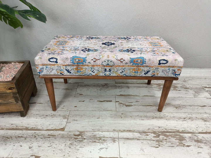 Oriental Printed Fabric Upholstered Ottoman Bench, Dressing Table Set Bench Ottoman Upholstered with Printed Rug Handmade Bench, Bathroom Step Stool Bench