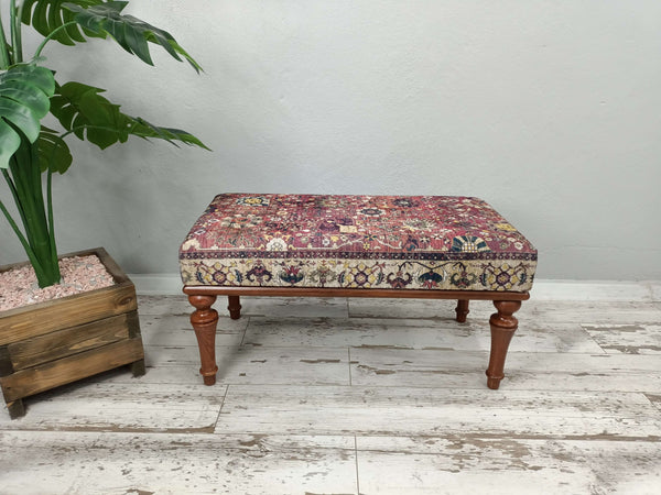 Oriental Traditional Turkish Rug Pattern Ottoman Bench, Modern Rectangular Chair Step Stool Small Low Ottoman for Living Room Sofa, Wooden Shower Stool Bench