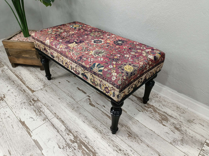 Upholstered with Turkish Patchwork Bench, Stylish Ottoman Small Footstool Shoe Changing Bench, Farmhouse Wooden Riser Small Bench For Kids Steps
