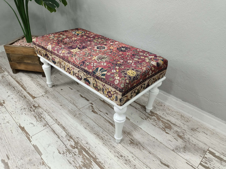 Dressing Table Set Bench Ottoman Upholstered with Printed Rug Handmade Bench, Farmhouse Bench, Dressing room bench, Velvet Footstool Bench