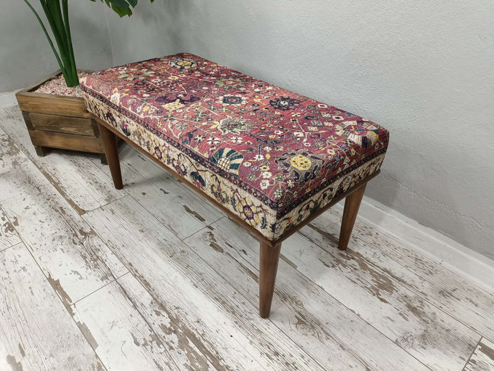 Small Ottoman Footstool with Legs, Modern Stool Bench Ottoman for Living Room Entryway, Oriental Printed Fabric Upholstered Ottoman Bench