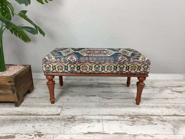 Traditional Kilim Pattern Ottoman Bench for Living Room, Dressing Table Set Bench Ottoman Upholstered with Printed Rug Handmade Bench, Farmhouse Bench