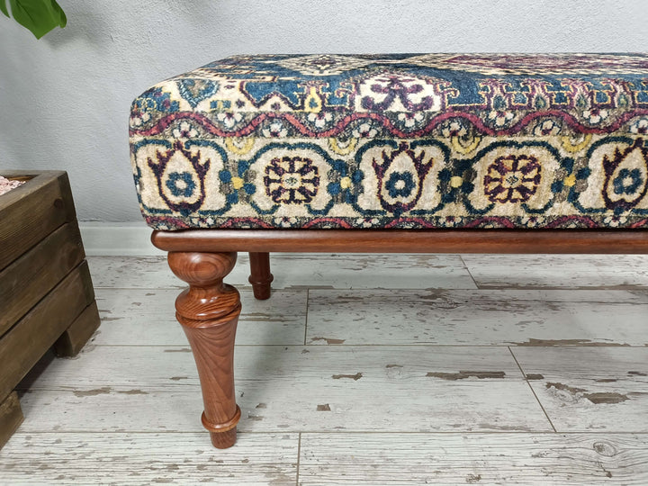 Pedestal Stool Bench, Handmade Yoga Bench, Velvet Ottoman Stool Bench, Square Ottoman Bench, Bedroom Ottoman Wooden Bench, Upholstered with Turkish Patchwork Bench