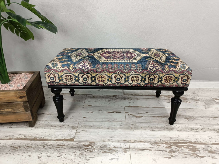 Modern Stool Bench Ottoman for Living Room Entryway, Oriental Printed Fabric Upholstered Ottoman Bench, Dressing Table Set Bench Ottoman Upholstered 
