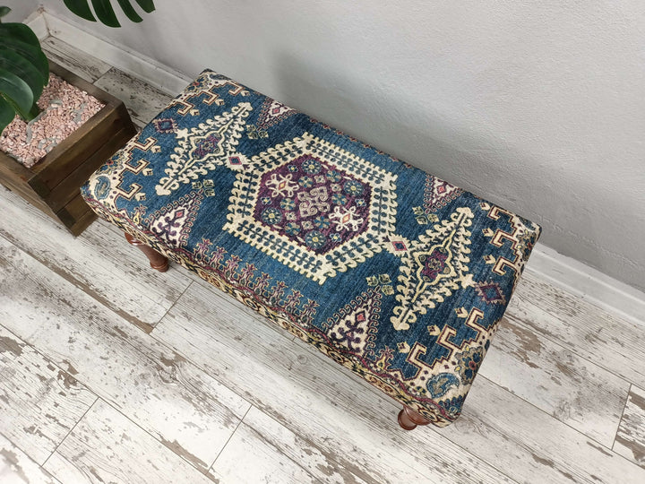 Embroidered Wooden Stool Bench, Oriental Printed Fabric Upholstered Ottoman Bench, Bedroom Ottoman Makeup Stool Bench, Children Bench Walnut Stool Bench