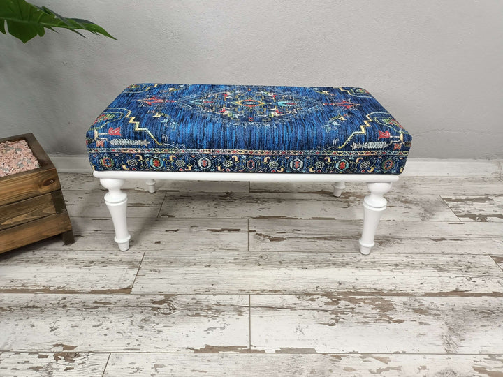 Blue Velvet Fabric Upholstered Bench, Walnut Wooden Leg Bench, Turkish Kilim Pattern Bench, Bedroom Decorative Bench, White Leg Durable Bench