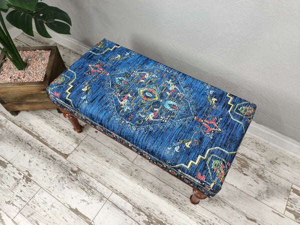 Blue Upholstered Farmhouse Bench, Bedroom Bed End Comfortable Bench, Handmade Wooden Leg Footstool Bench, Oriental Upholstered Comfortable Bench