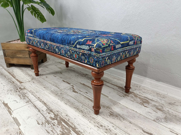 Handmade Wooden Leg Footstool Bench, Oriental Upholstered Comfortable Bench, Square Ottoman Bench, Bedroom Ottoman Wooden Bench