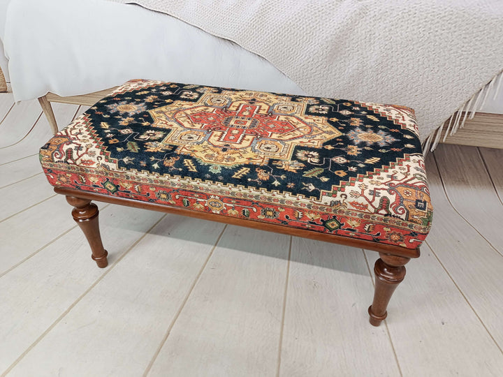 Movie To Watch Comfort Bench, Oriental Legs Natural Wooden Decorative Bench, Designer Upholstered Ottoman Bench, Stylish Bohemian Pattern Upholstered Bench