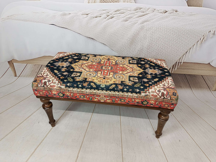 Oriental Printed Fabric Upholstered Ottoman Bench, Dressing Table Set Bench, New House Decorative Bench, Ottoman bench, Bench with Arms