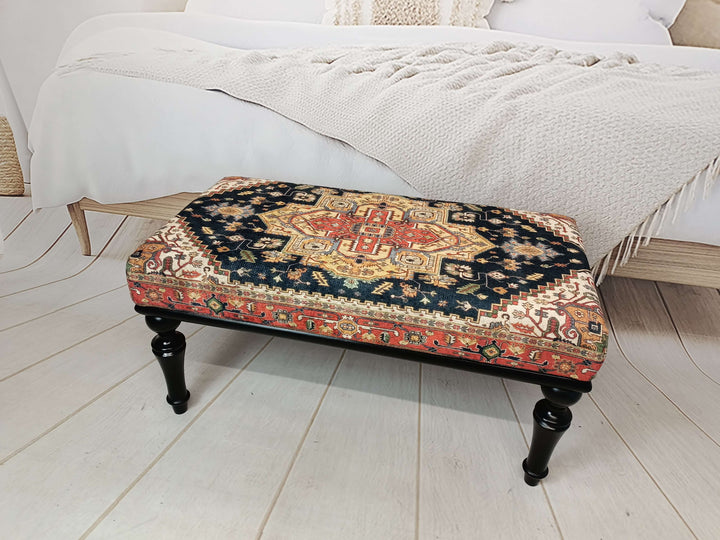 Oriental Printed Fabric Upholstered Ottoman Bench, Dressing Table Set Bench, New House Decorative Bench, Cocktail Sitting Bench, Pet Friendly Bench