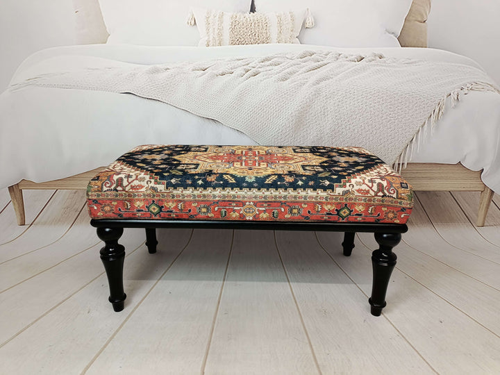 Elegant Decor Bench With Brown Legs, Bedroom Relax Sitting Comfortable Bench, Turkish rug design ottoman Bench, Living room storage ottoman, Fabric Easy To Clean Bench