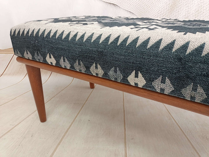 Ottoman Velvet Upholstered Bench, Ottoman Bench With Easy Maintenance Upholstered, Detailed View Of Upholstered Bench Cushion, Oriental Legs Natural Wooden Decorative Bench