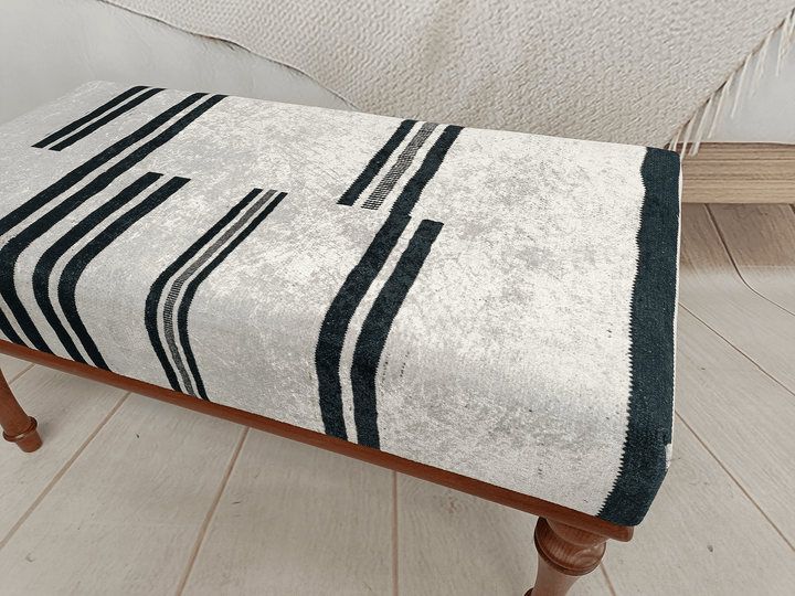 Oriental Printed Fabric Upholstered Ottoman Bench, Dressing Table Set Bench, New House Decorative Bench, Practical Upholstered Footstool Bench, Conical Leg Upholstered Bench, Handcrafted Ottoman Bench With Interior