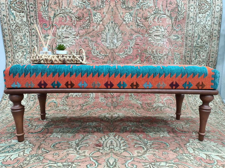 Diningtable Bench, Kitchen Bench, Outdoor Decor, Dressing Table Set Bench Ottoman Upholstered with Printed Rug Handmade Bench