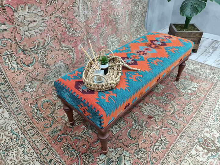 Kilim Upholstered Farmhouse Ottoman Bench, Handmade Furniture, Ottoman Upholstered, Kilim Rug Bench, Ottoman Coffee Table, Diningtable Bench, Kitchen Bench, Outdoor Decor