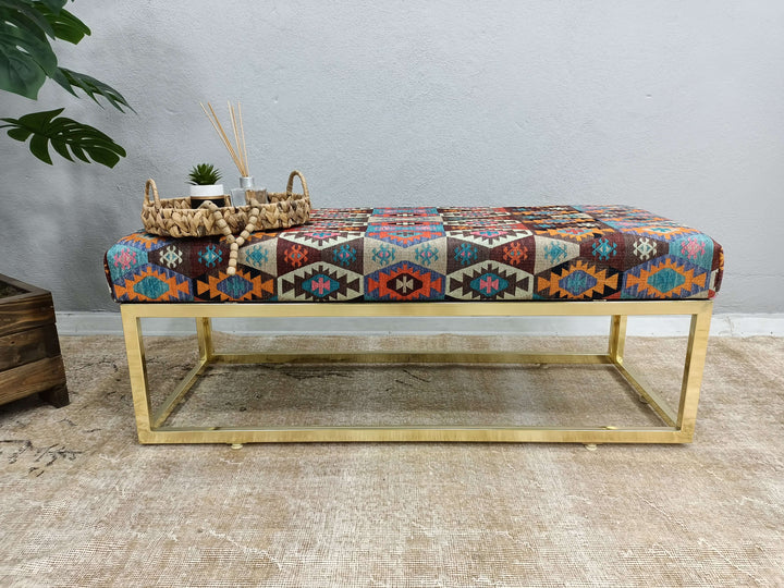 Eco Friendly Bench, Pet Friendly Upholstered Bench, Oriental Printed Fabric Upholstered Ottoman Bench, Dressing Table Set Bench Ottoman Upholstered with Printed Rug Handmade Bench