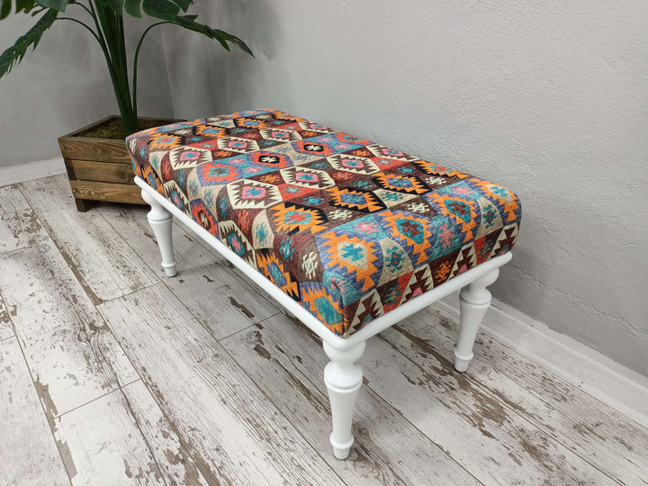 Easy To Clean Upholstered Bench, Anatolian Upholstered Wooden Footstool Bench, Nomadic Pattern Footstool Bench, Wooden Leg Ottoman Bench with Small Stand, Bench