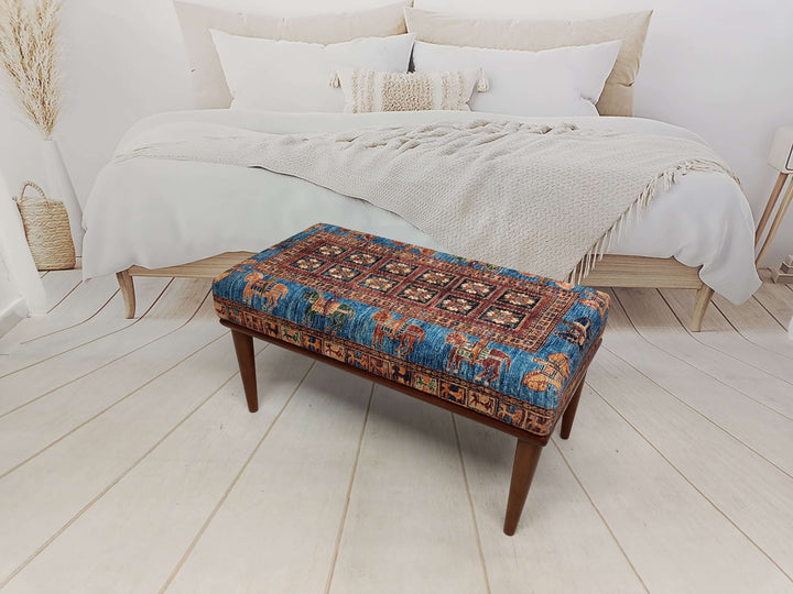 Mid Century Modern Upholstered Fabric Rocking Bench, Fabric Bench, Bench With Oriental Legs, Wood Bench For Decorative Living Room