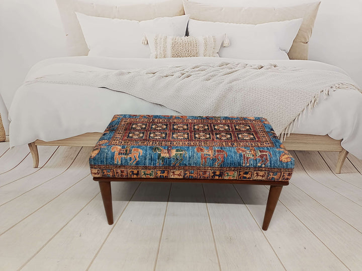 Bedroom End of Bed Vintage Ottoman Bench, White Leg Bench, Oriental Printed Fabric Upholstered Ottoman Bench, Detailed View Of Upholstered Bench Cushion, 