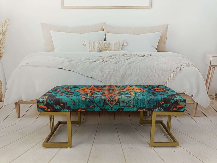 Ottoman Bench With Easy Maintenance Upholstered, Detailed View Of Upholstered Bench Cushion, Oriental Legs Natural Wooden Decorative Bench, Stylish Bohemian Pattern Upholstered Bench